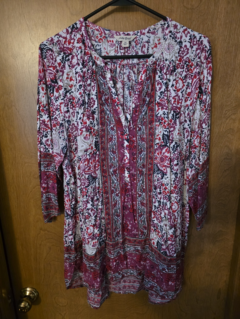 Lucky Brand Women's Pink Floral Peasant Tunic Top